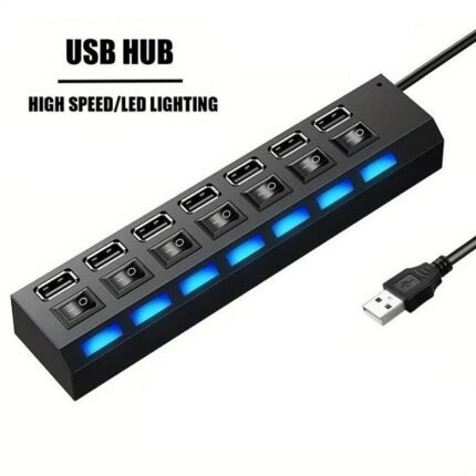HUB USB 2.0 7 PORTS avec interupteurs + SUPPORT ET TRANSFORMATEUR